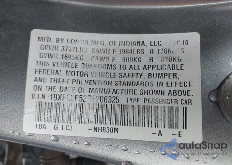 2016 Honda Civic Lx from USA, damaged, VIN 19XFC2F52GE206325